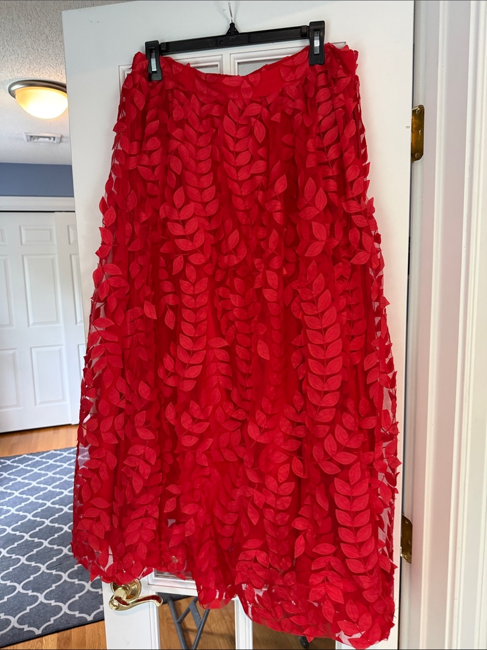 Sunday in Brooklyn Red A-Line Leaf-Appliqué Midi Skirt